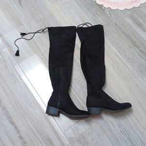 HOT & SEXY Black Microfiber Suede Above Knee Boots drawstring tassel top,